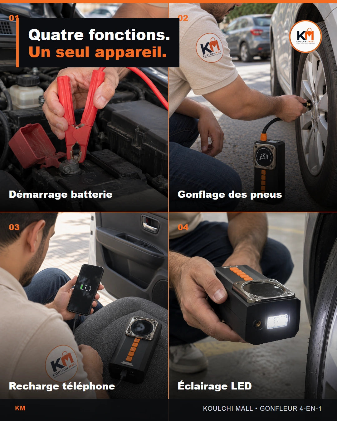 Quatre fonctions : démarreur, gonfleur, powerbank et lampe LED