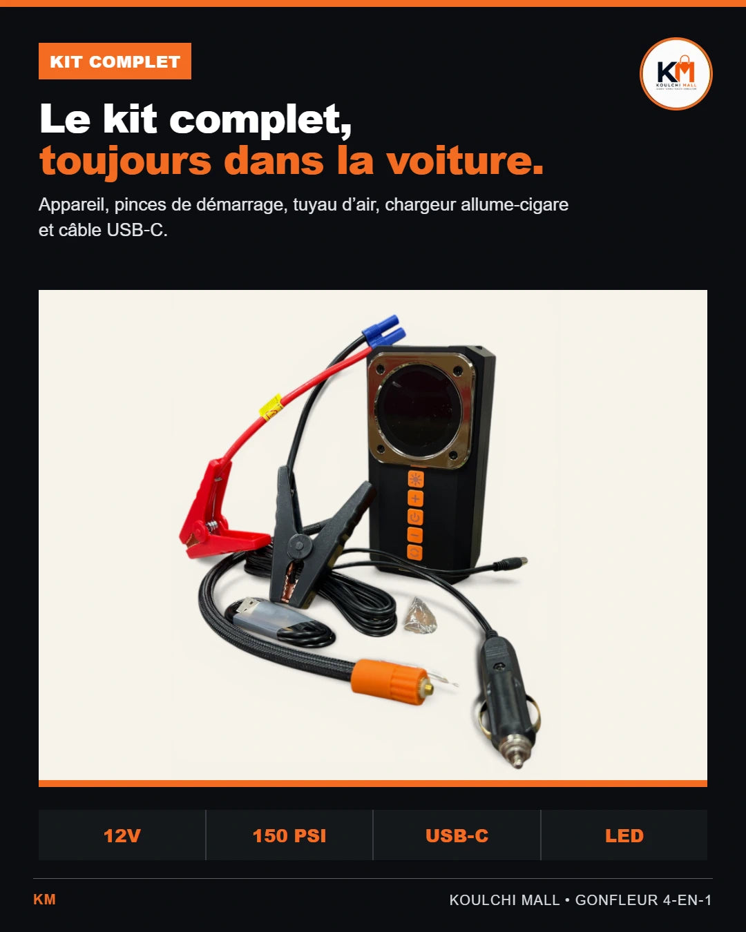 Appareil avec pinces batterie, tuyau, chargeur allume-cigare et câble USB-C